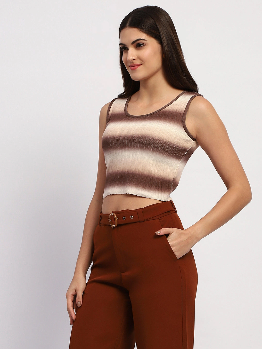 Madame Striped Sleeveless Cotton Brown Crop Sweater Chilly Day Comfort