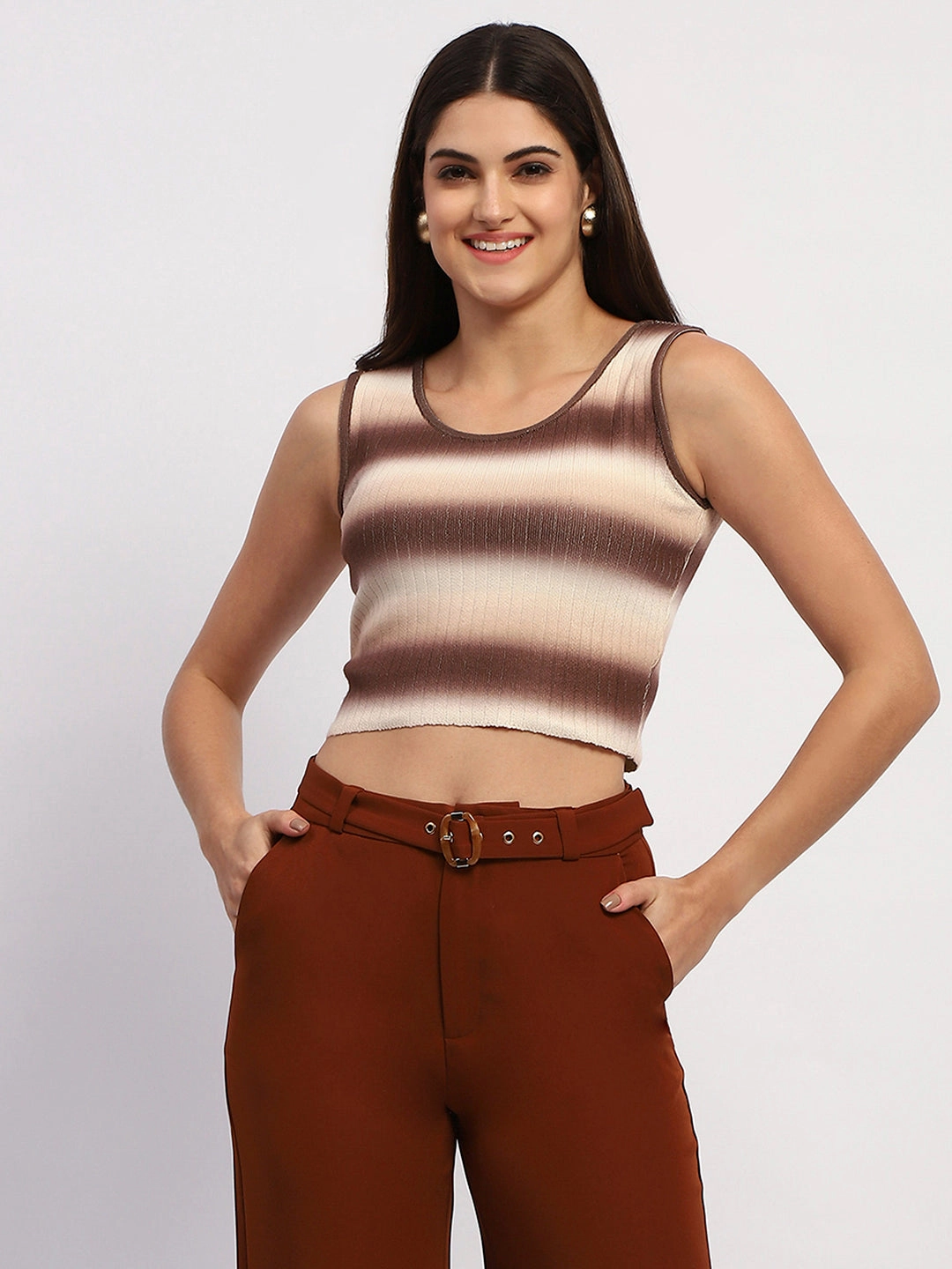 Fashionable Layering Warm Appeal Madame Striped Sleeveless Cotton Brown Crop Sweater