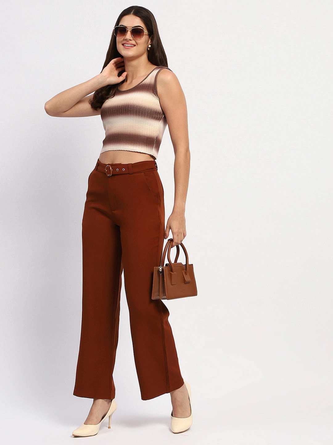 Madame Striped Sleeveless Cotton Brown Crop Sweater Flexible Drop Shoulder