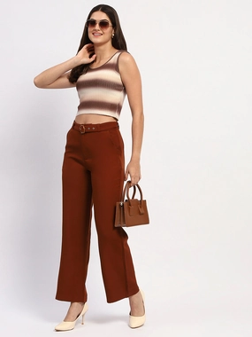 Madame Striped Sleeveless Cotton Brown Crop Sweater Flexible Drop Shoulder