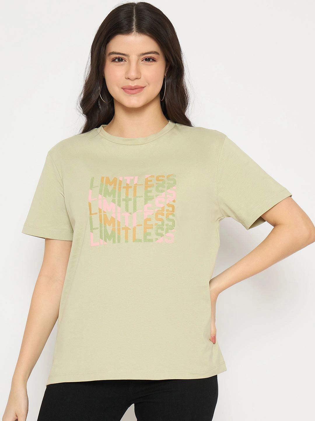 Madame Printed Pear Green Cotton T-shirt Timeless Appeal Stylish and Comfortable