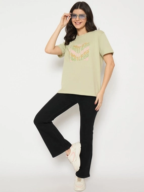 Tagless Neckline Holiday Casual Madame Printed Pear Green Cotton T-shirt