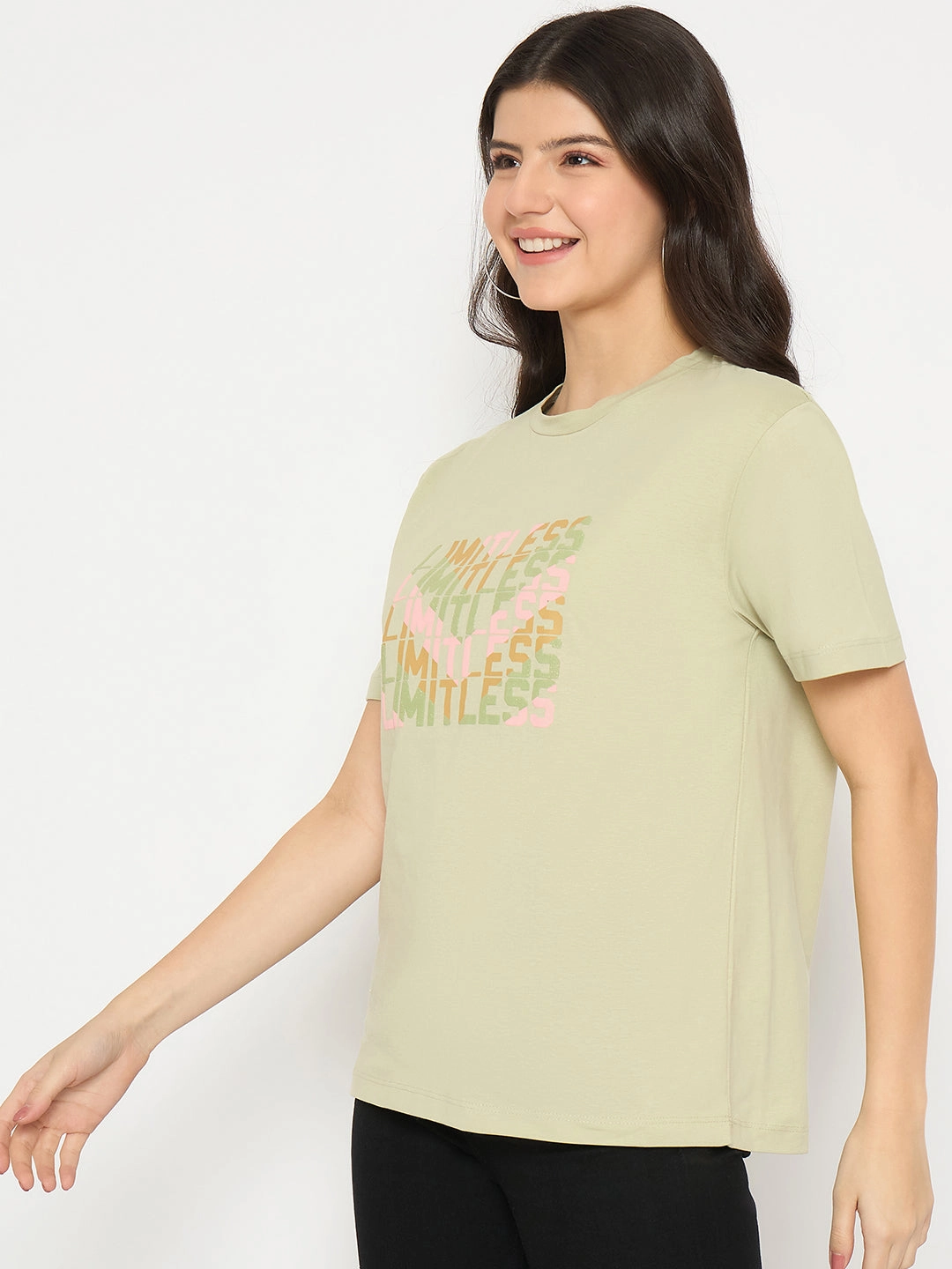 Functional Side Gussets Beachwear Madame Printed Pear Green Cotton T-shirt
