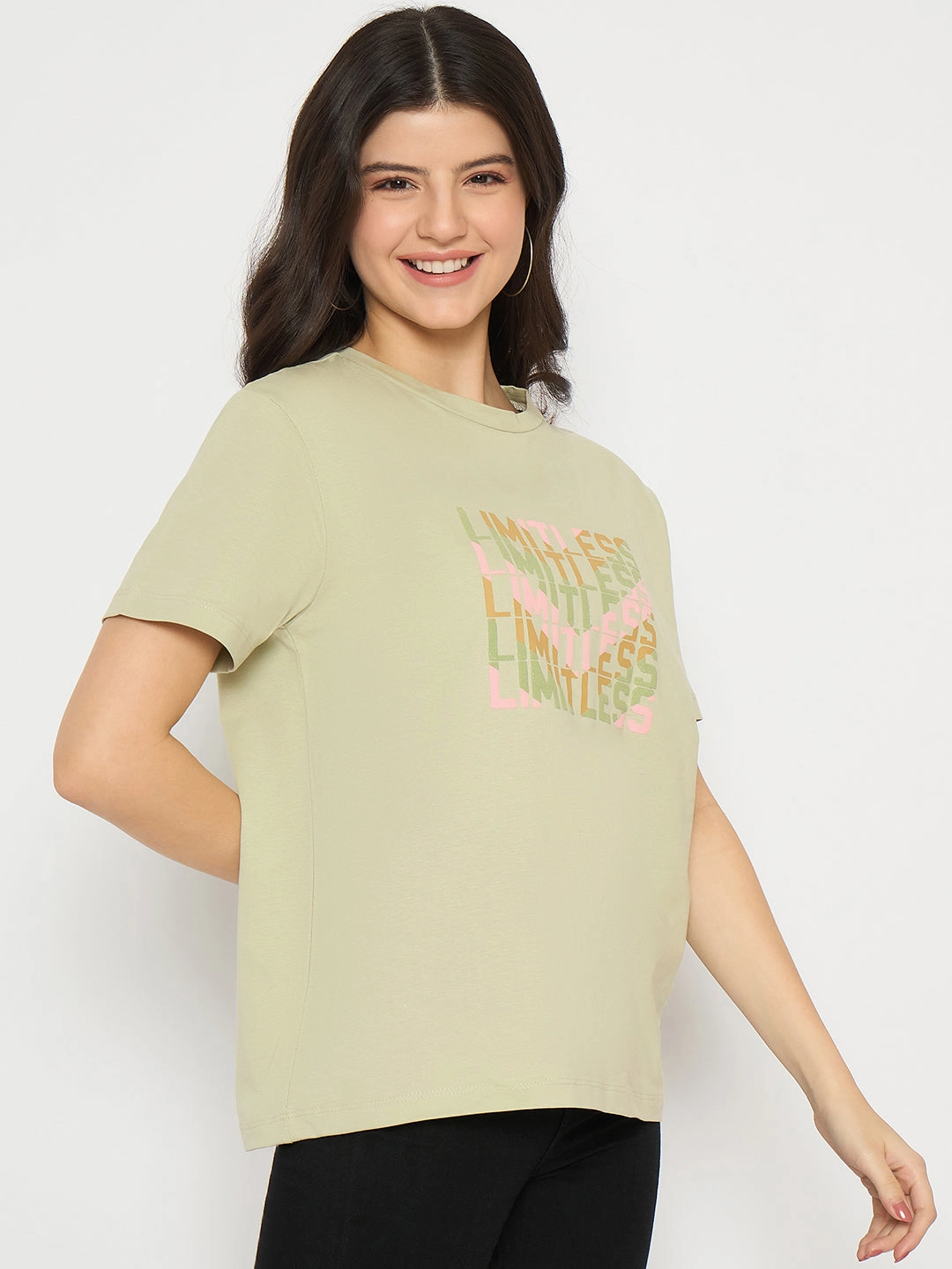 Madame Printed Pear Green Cotton T-shirt Street Casual Look Effortless Daywear