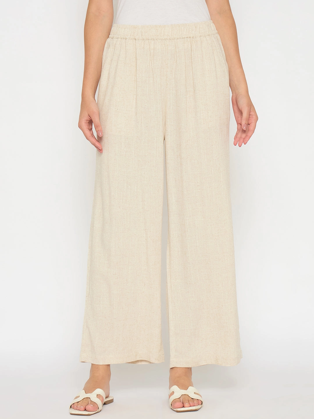 MeshPanel All-Purpose Madame Straight Fit Solid Beige Rayon Blend Trousers