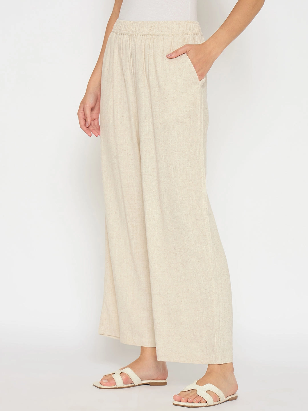 Madame Straight Fit Solid Beige Rayon Blend Trousers Anti Slip Shoulder Padding