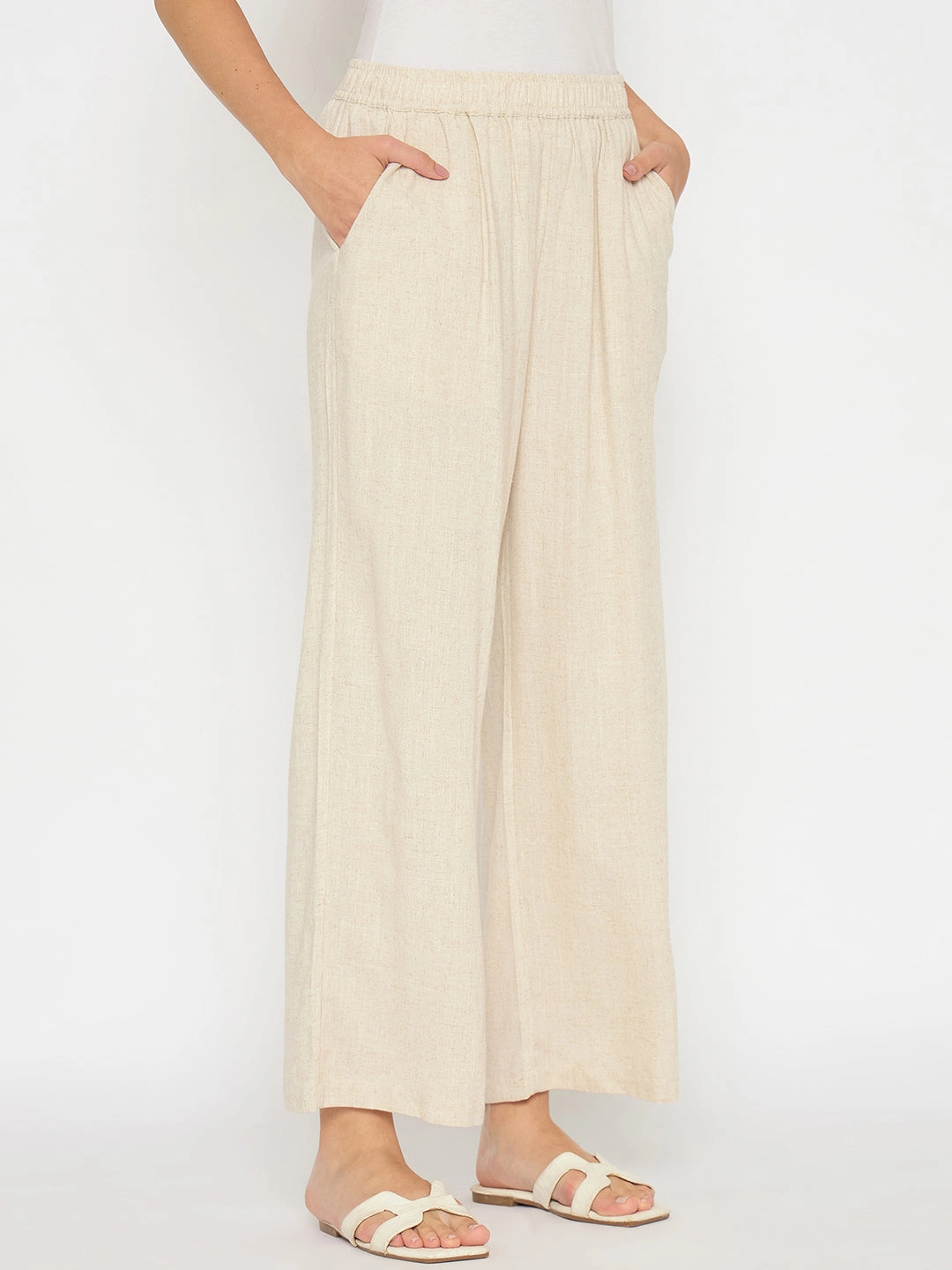 Madame Straight Fit Solid Beige Rayon Blend Trousers HygienicCoating