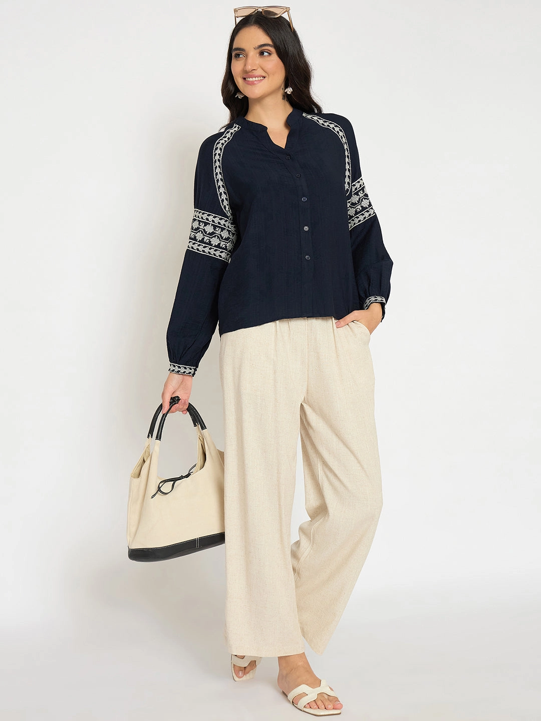Madame Straight Fit Solid Beige Rayon Blend Trousers HighDensity Knit