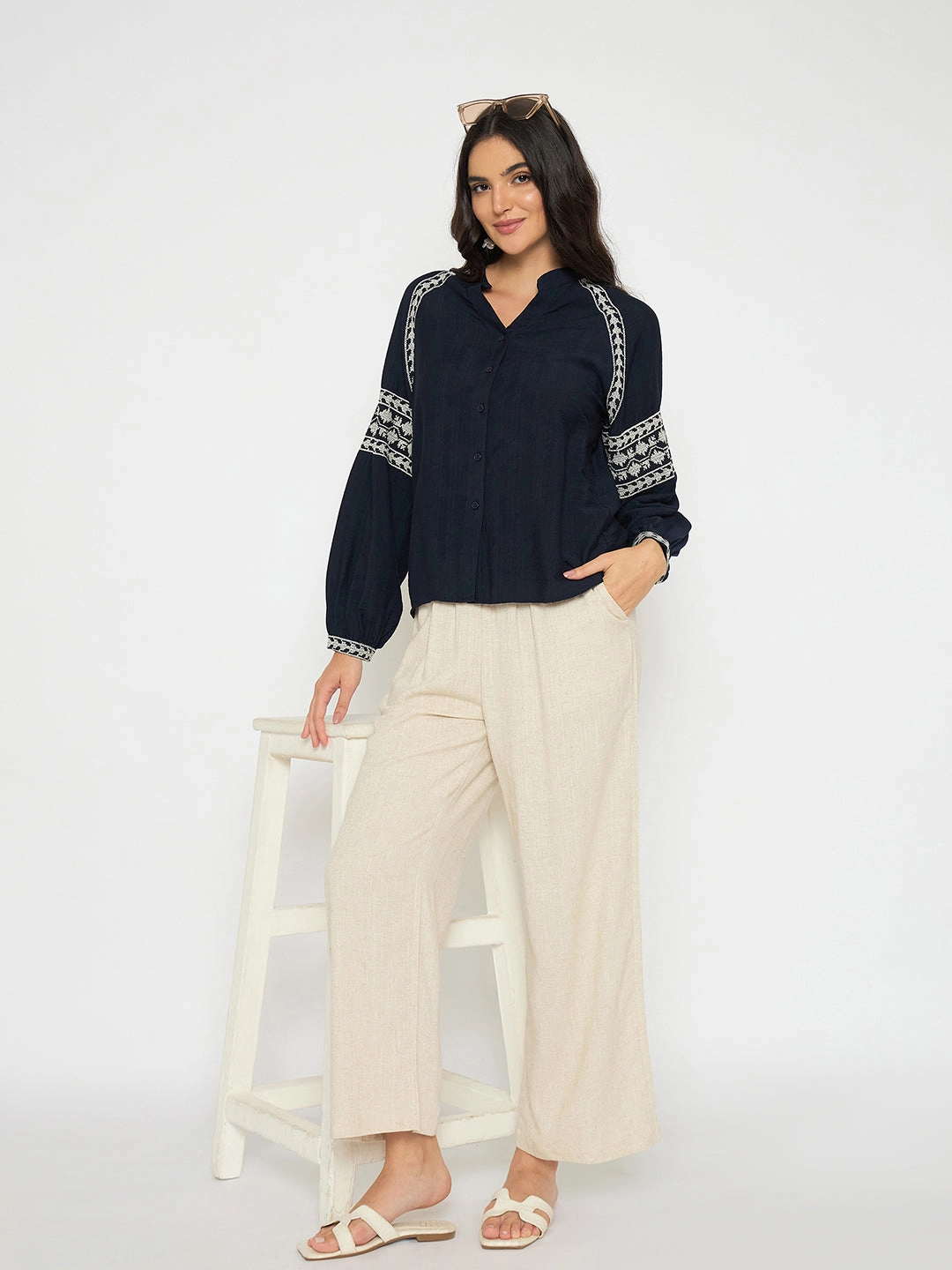 Madame Straight Fit Solid Beige Rayon Blend Trousers Tagless Neckline Design