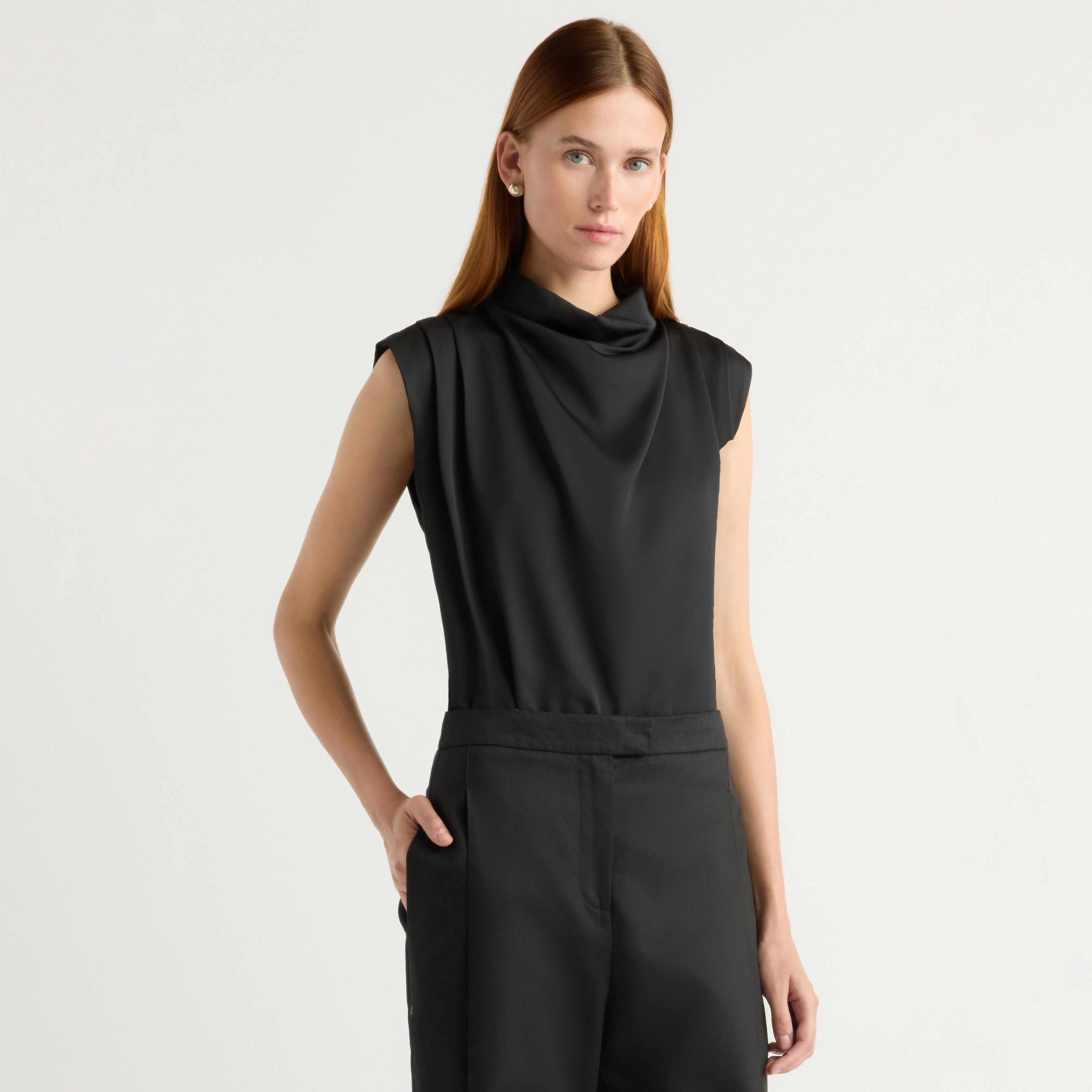 Allegra Gathered-Neck Sleeveless Blouse MeshPanelIntegration