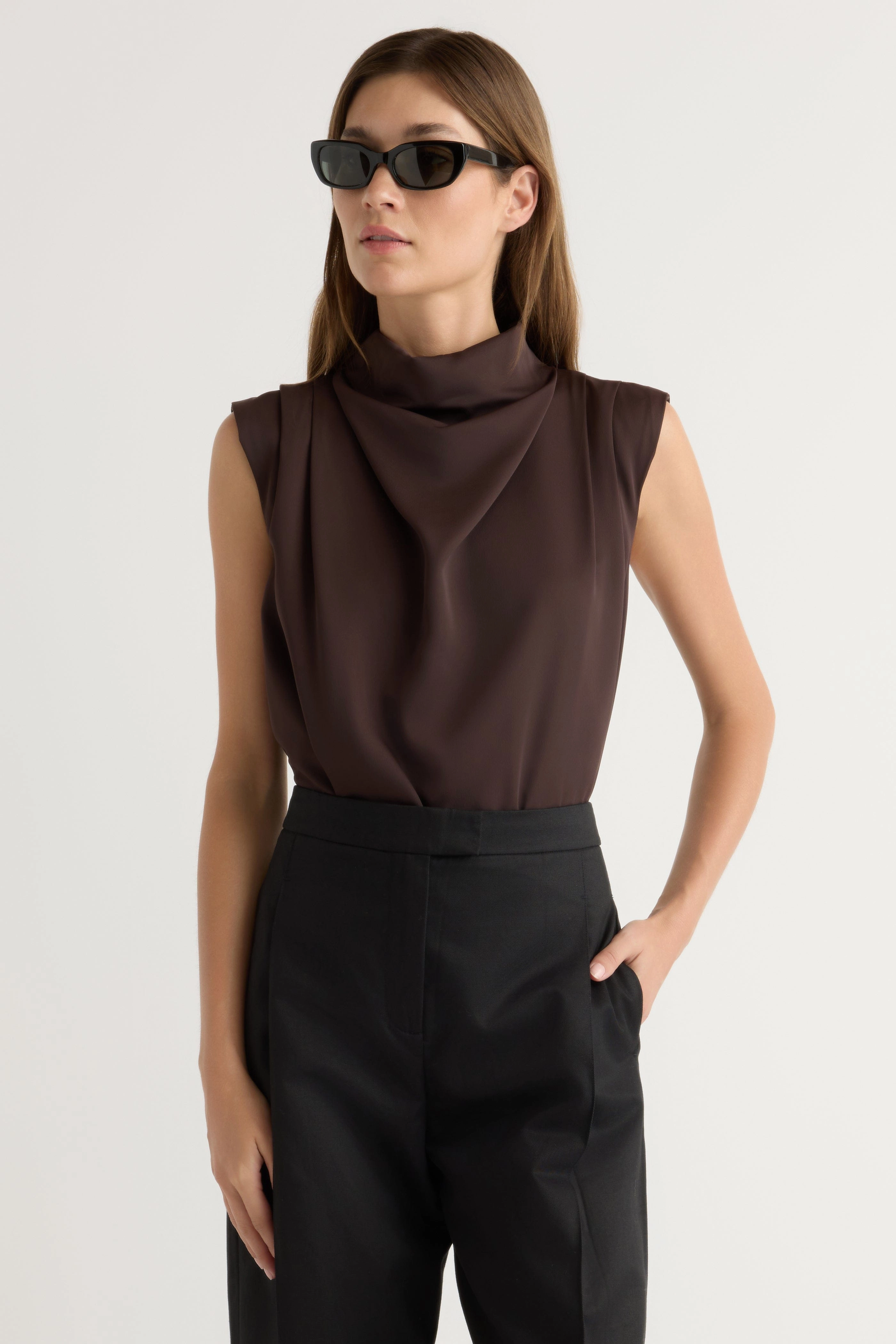 Allegra Gathered-Neck Sleeveless Blouse FrayResistant Fabric Brushed Inner Layer