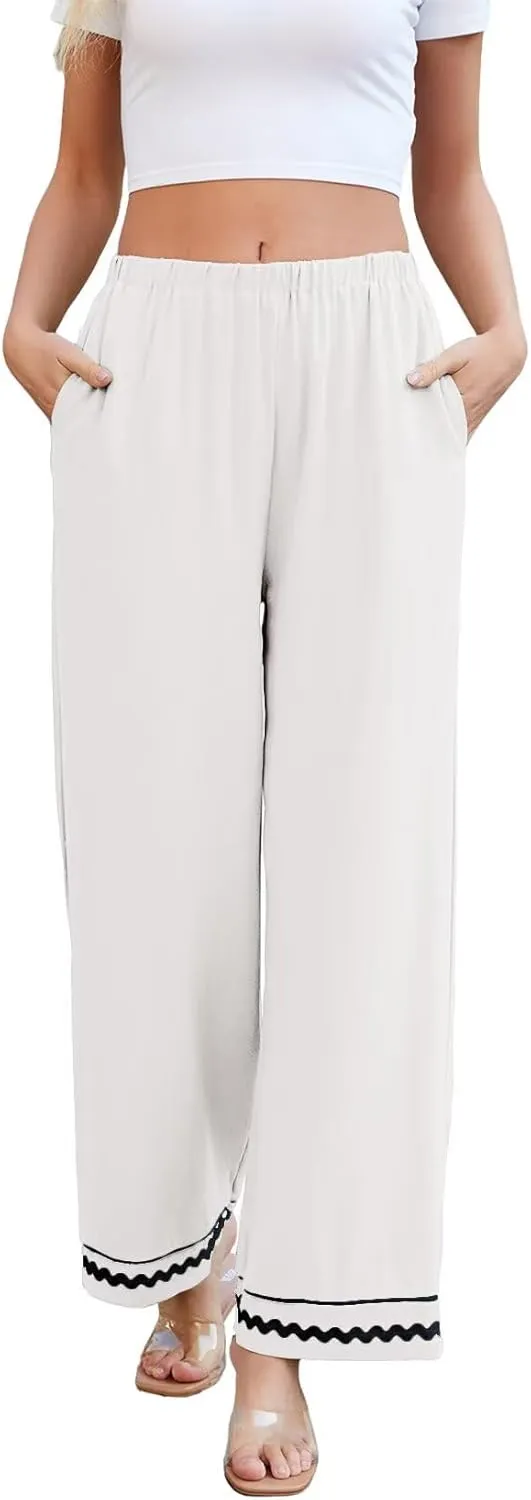 Allimy Women's Summer Casual Midi High Rise Flowy Wide Leg Linen Pants