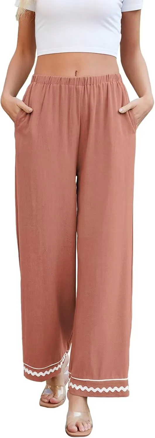 Allimy Women's Summer Casual Midi High Rise Flowy Wide Leg Linen Pants