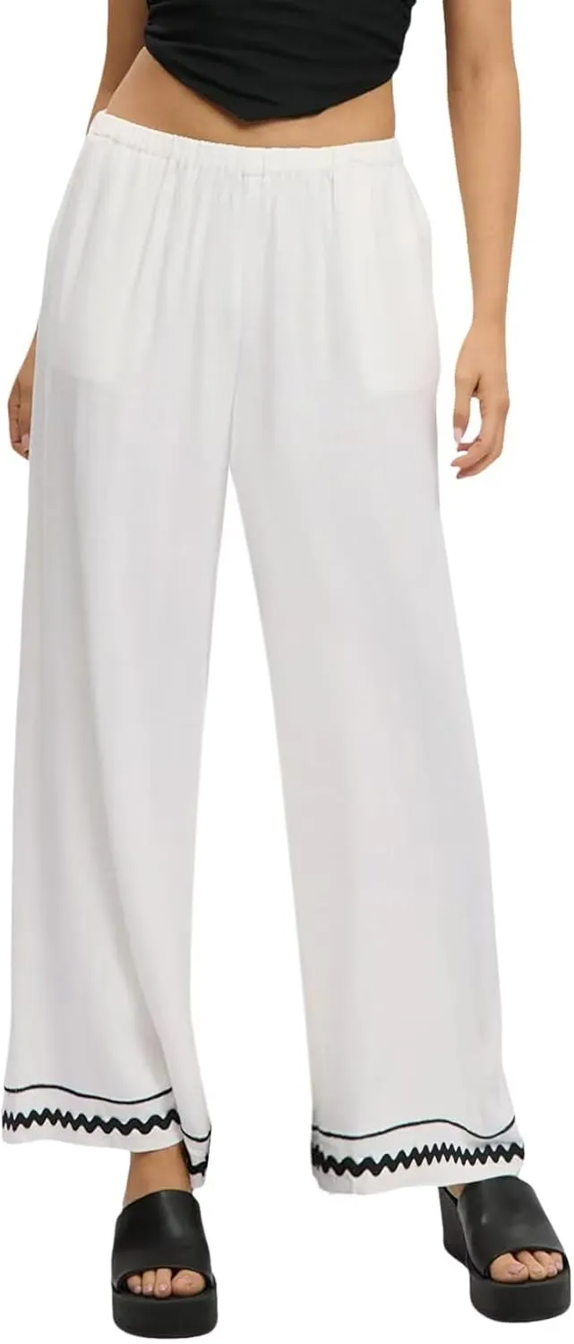 Allimy Women's Summer Casual Midi High Rise Flowy Wide Leg Linen Pants