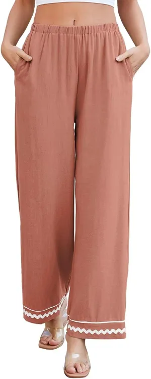 Allimy Women's Summer Casual Midi High Rise Flowy Wide Leg Linen Pants