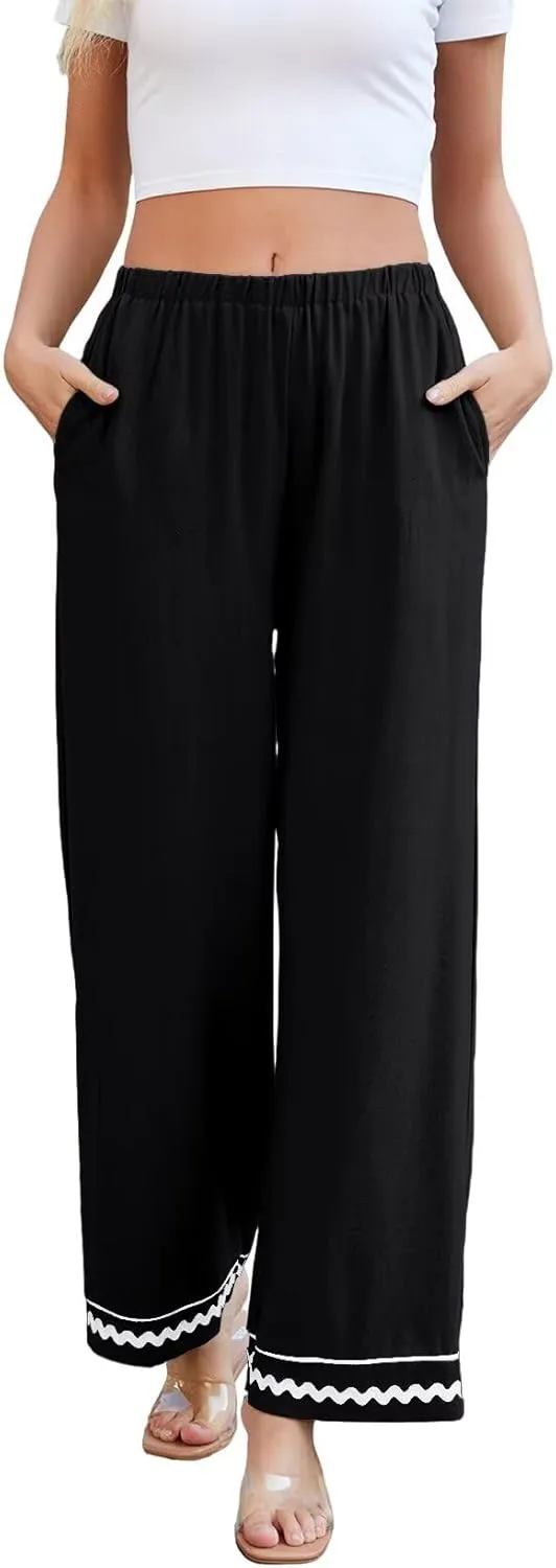 Allimy Women's Summer Casual Midi High Rise Flowy Wide Leg Linen Pants
