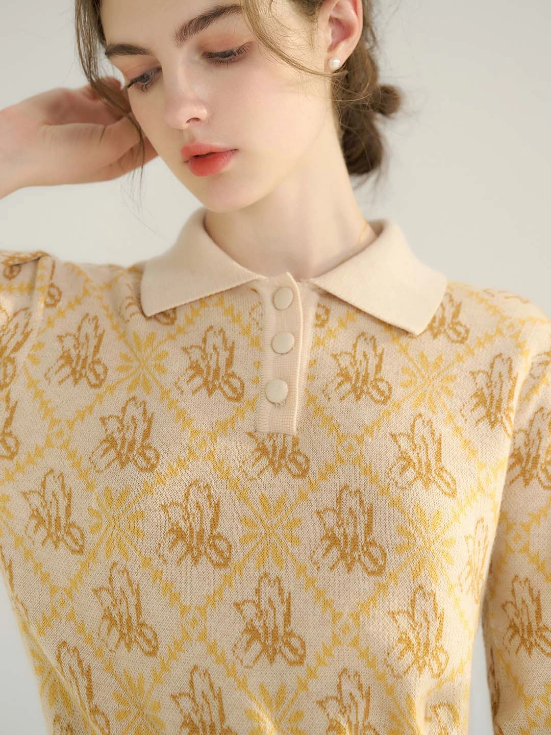 LowMaintenance Fabric Knit Reinforced Edges Marisol POLO Small Square Neck Puff Sleeve Knit Sweater