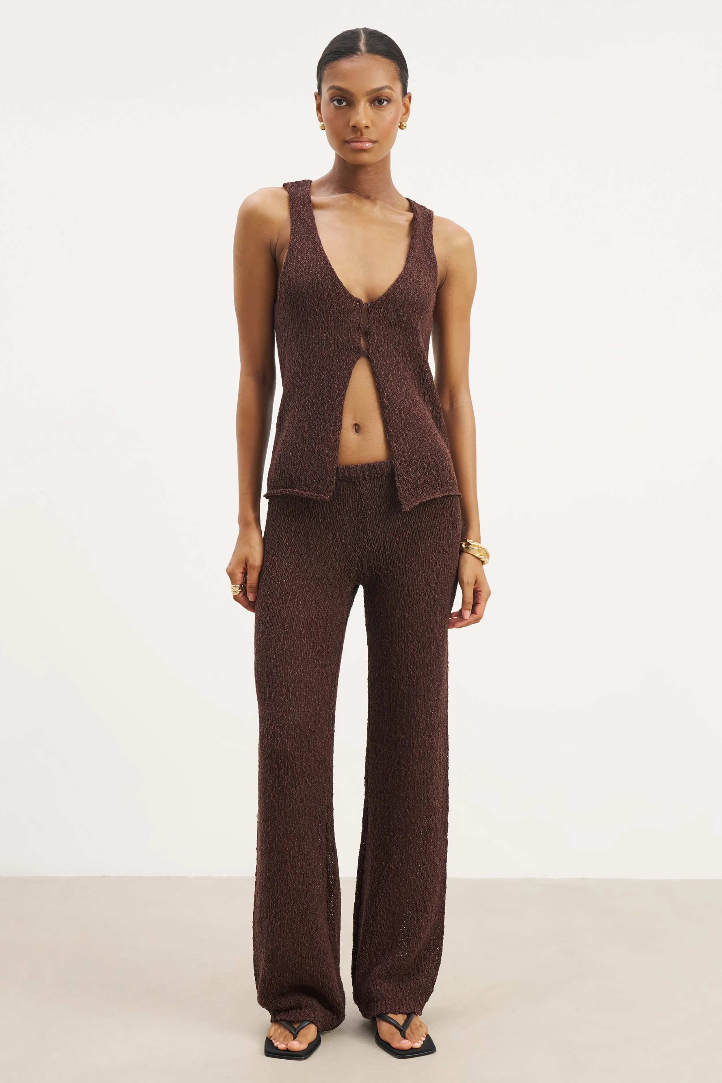 Relaxed Look Crochet Knit V Neck Waistcoat - Carob