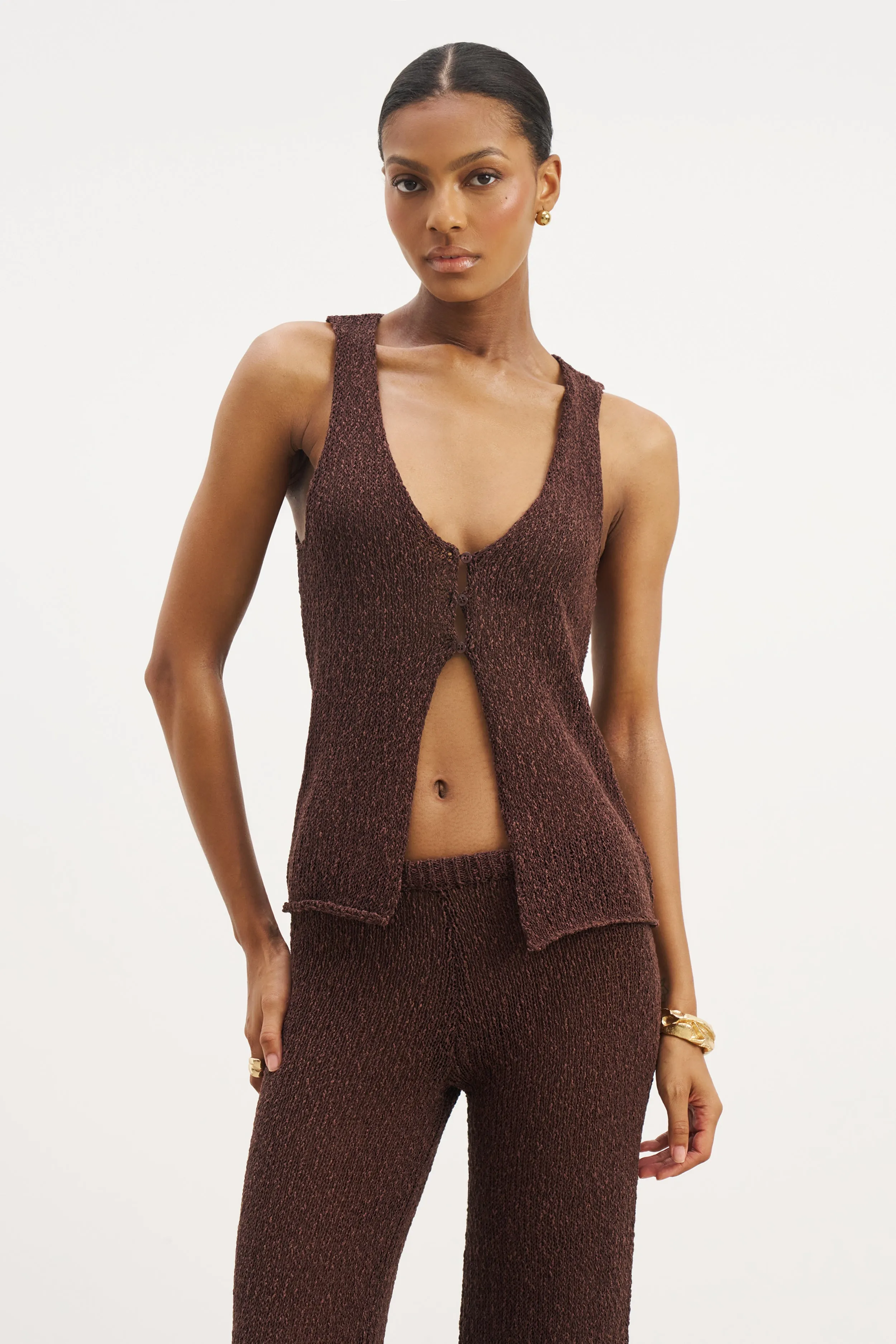 Crochet Knit V Neck Waistcoat - Carob NonChafe Tag Placement Relaxed Silhouette