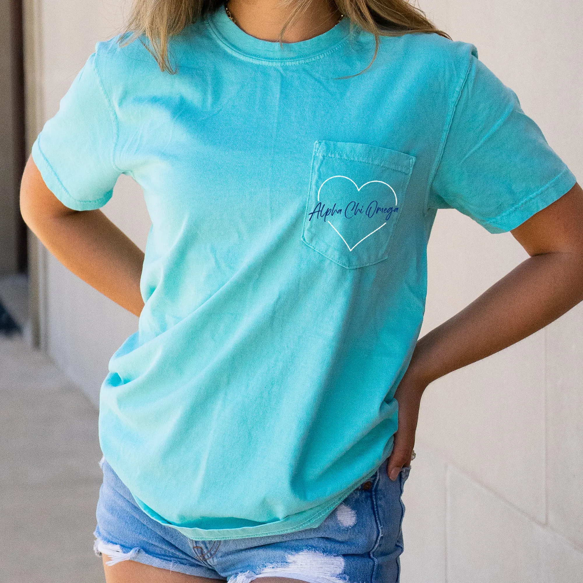 Alpha Chi Omega Heart Pocket T-Shirt - Mint