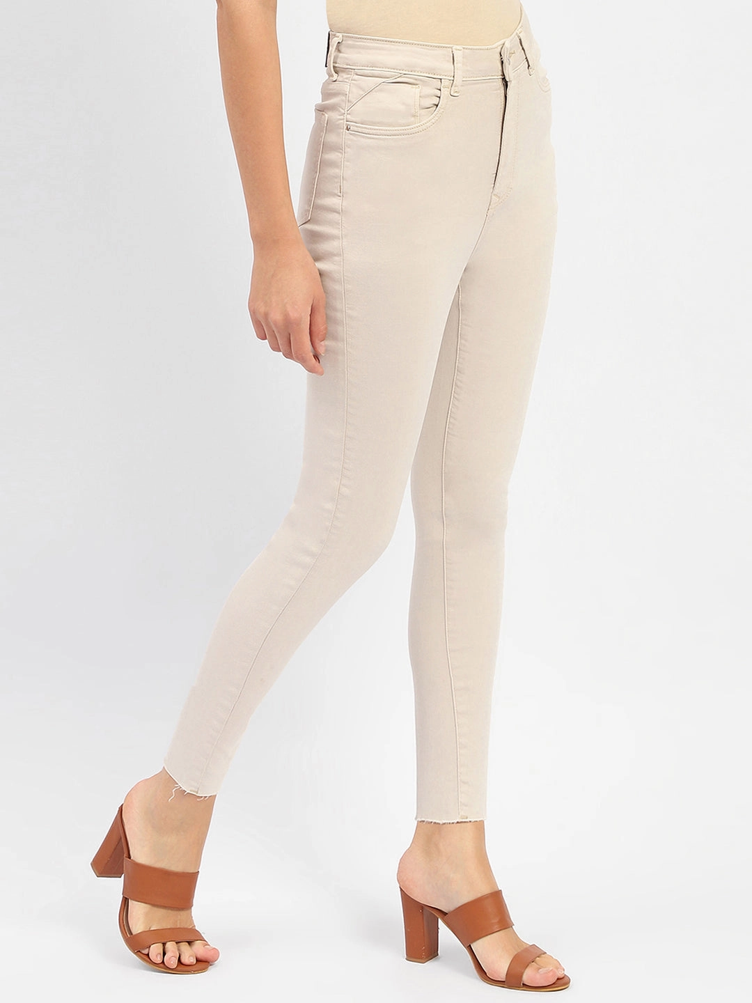 Madame Raw Hem Beige High Rise Skinny Fit Jeans Breathable fabric
