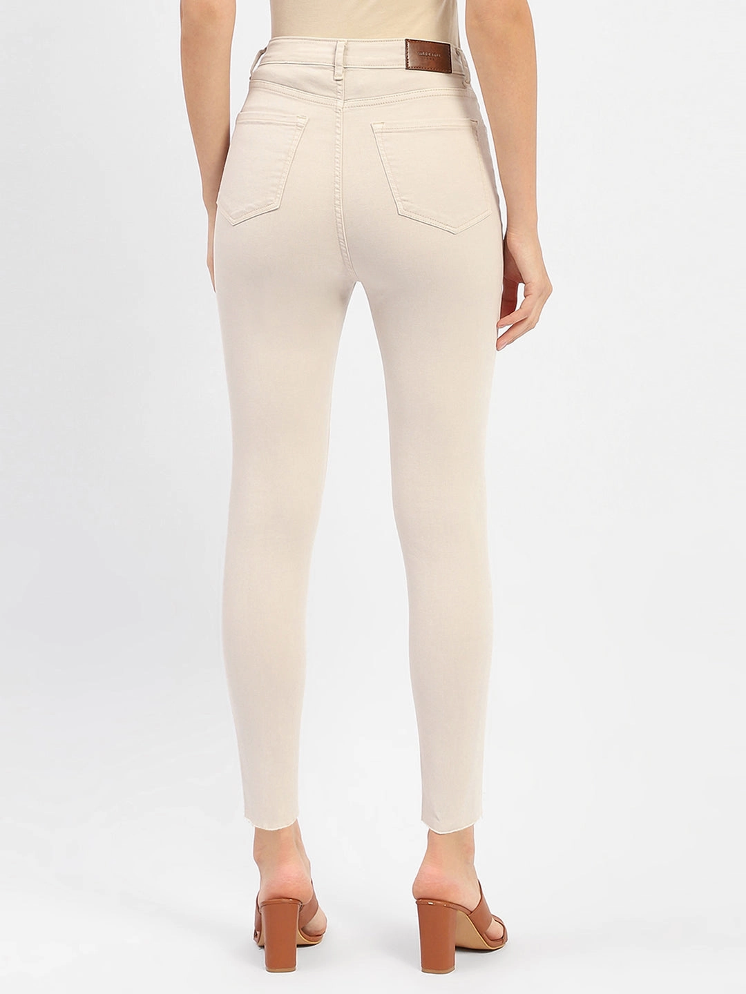 Contemporary Style Student Outfit Work Ready Madame Raw Hem Beige High Rise Skinny Fit Jeans