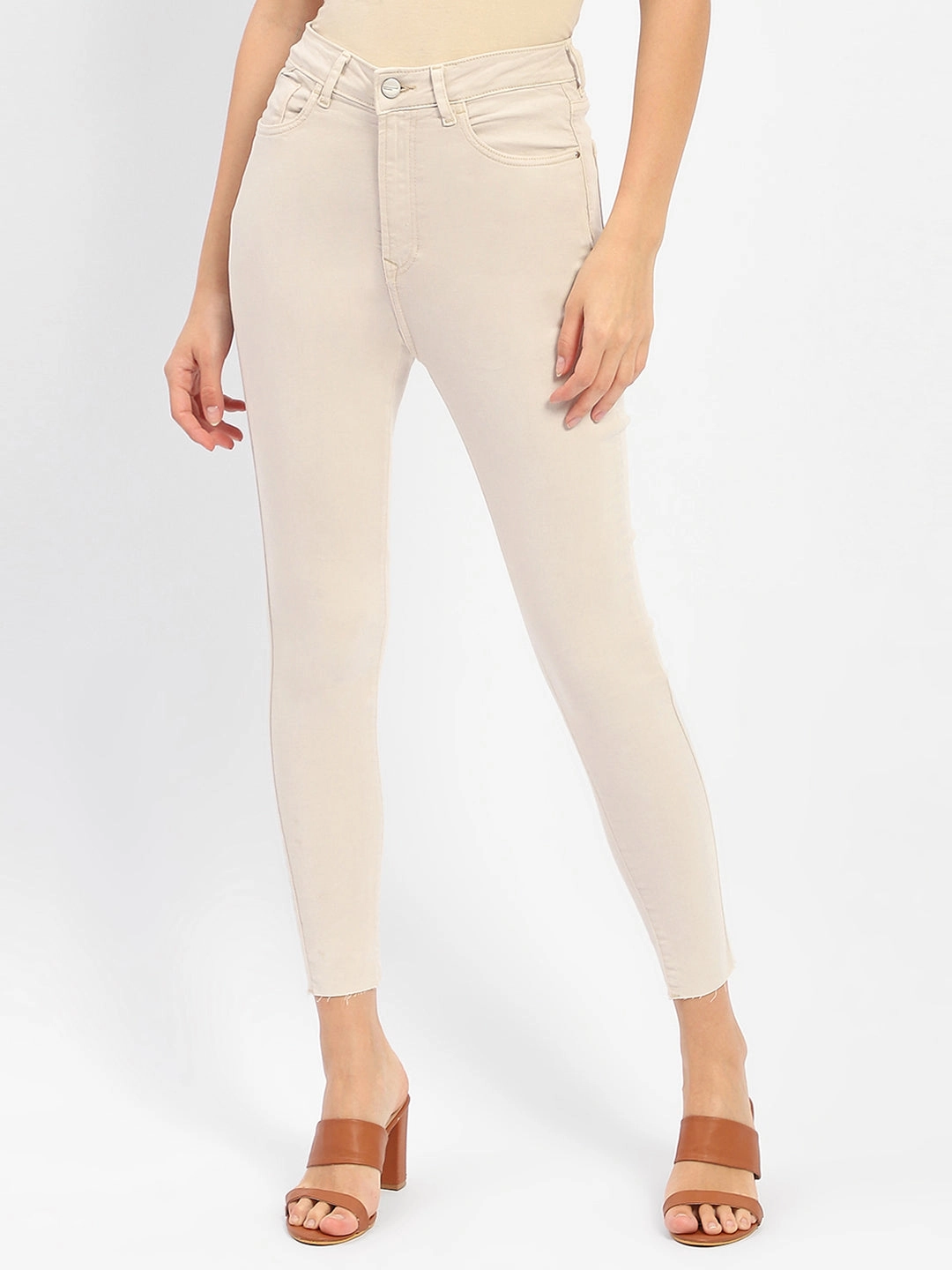 Compact Weave Technology Madame Raw Hem Beige High Rise Skinny Fit Jeans