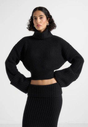 Amaya - Roll Neck Knit Jumper With Cuffs - Black Workday Fit Versatile Warmth