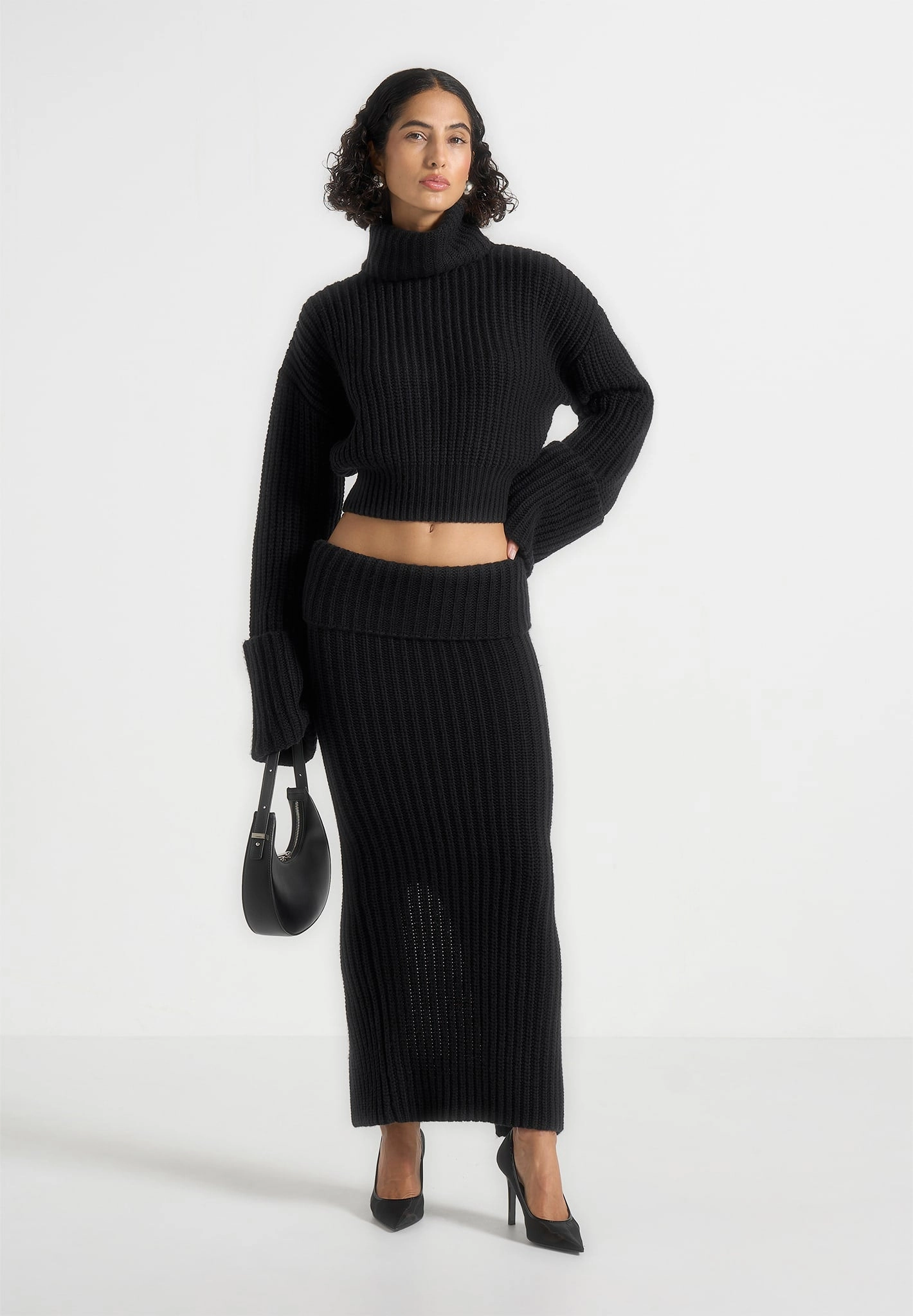 Amaya - Roll Neck Knit Jumper With Cuffs - Black Lattice Pattern