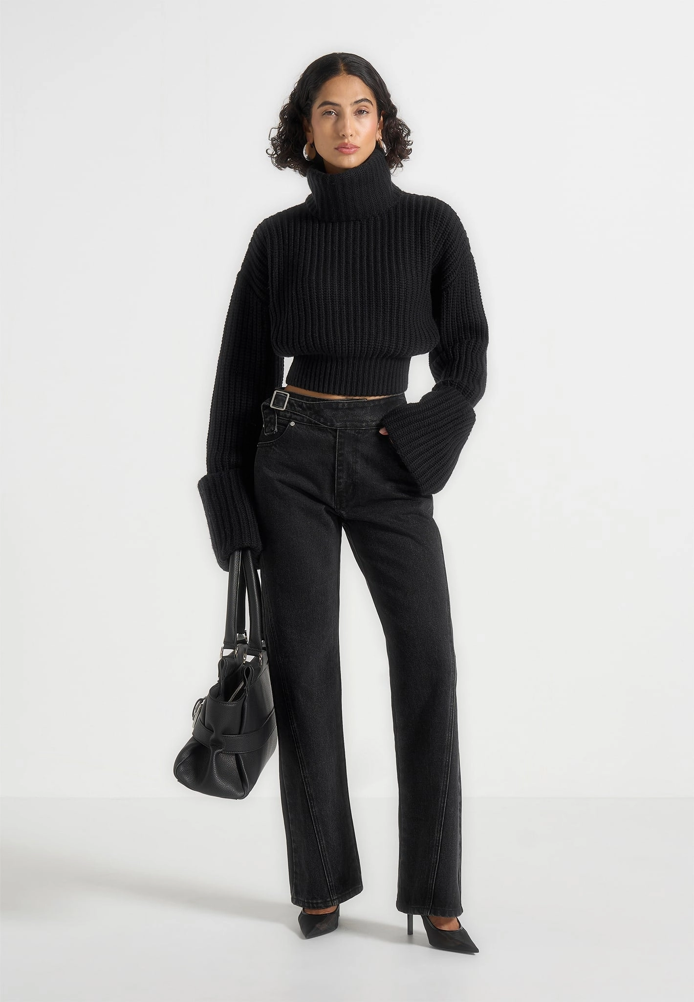Amaya - Roll Neck Knit Jumper With Cuffs - Black FadeResistant Dye Heat Retention Lining