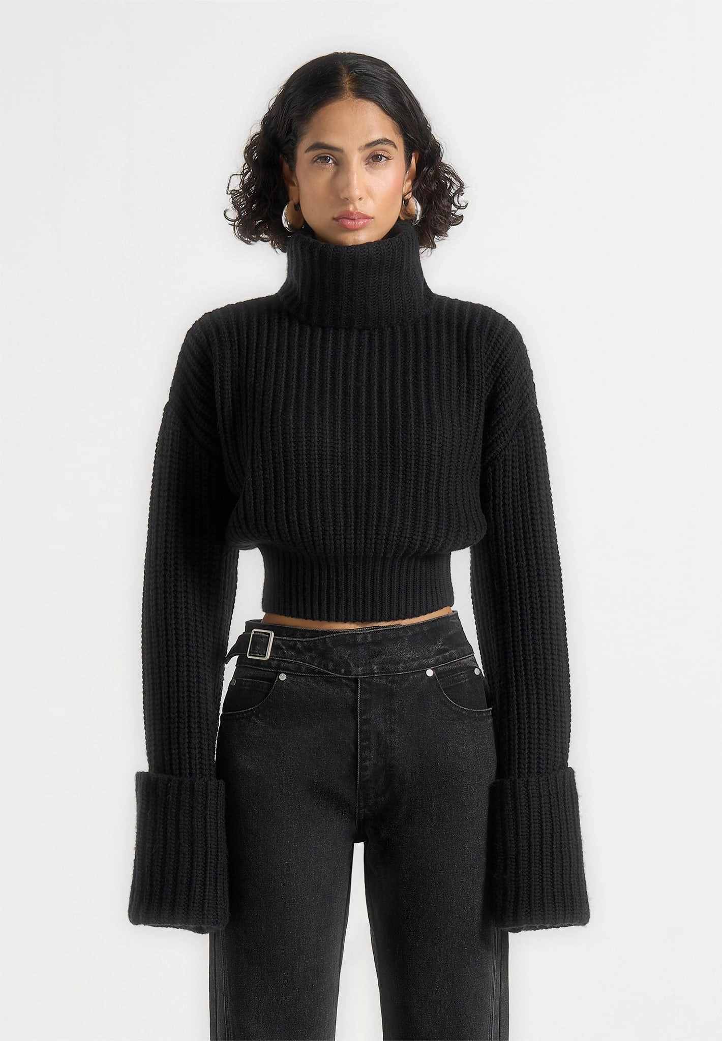 Amaya - Roll Neck Knit Jumper With Cuffs - Black YarnDyed Stripes Sublimation Print Resistant