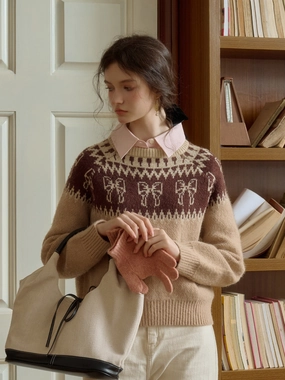 Amayah Sweet Bow Jacquard Classic Crew Neck Fair Isle Sweater Go-To Fit Tencel Blend Material