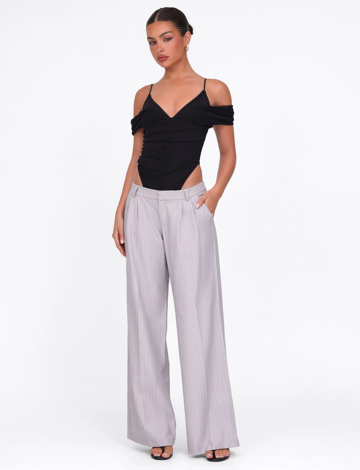 Tangle Free Cuffs Wrinkle Free Fabric AMBERLY SUIT PANT - GREY : PINSTRIPE : GREY PINSTRIPE