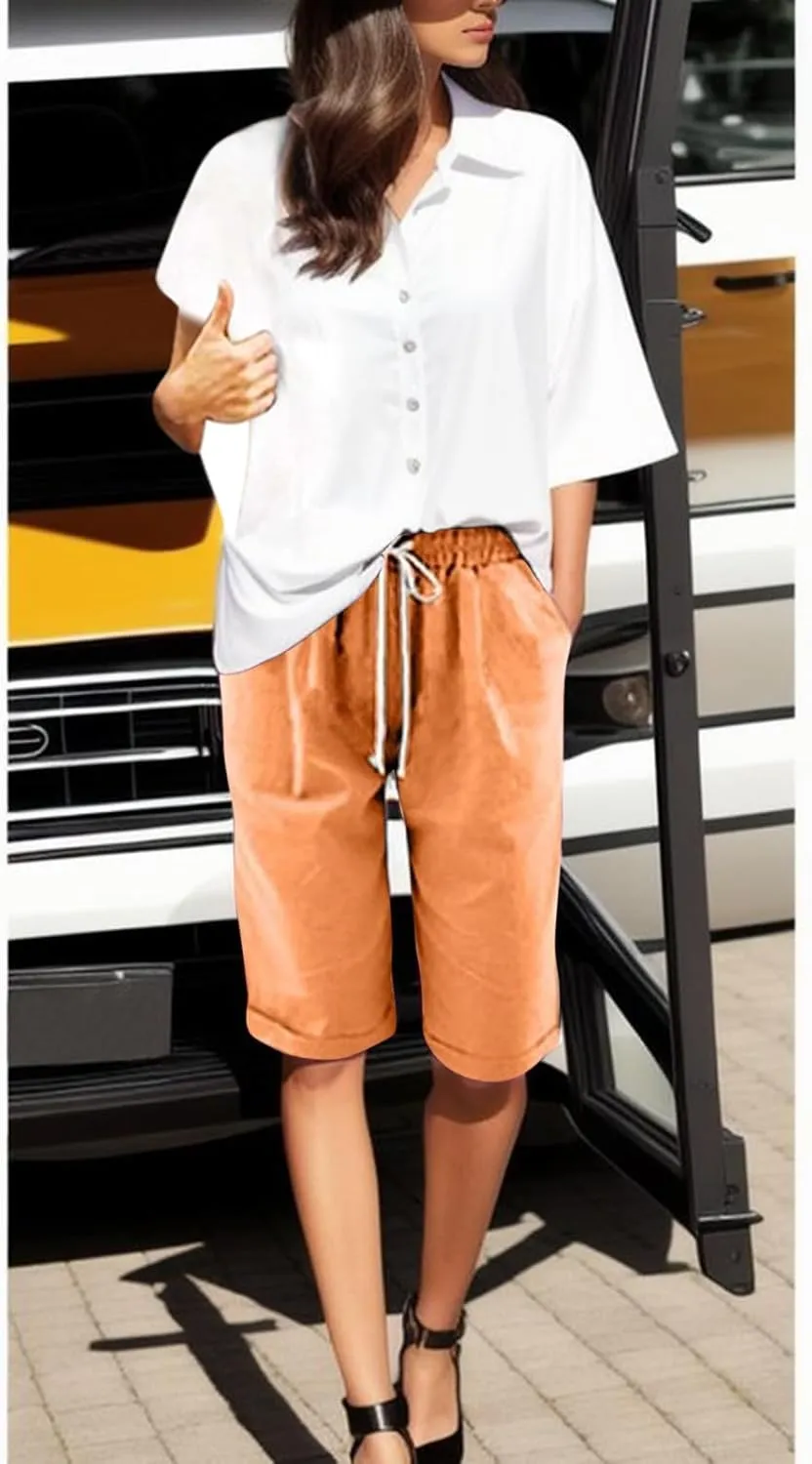 AMDBEL Bermuda Shorts for Women Trendy Women's Long Shorts with Pockets Cotton Sweat Shorts Jersey Knee Length Shorts Summer