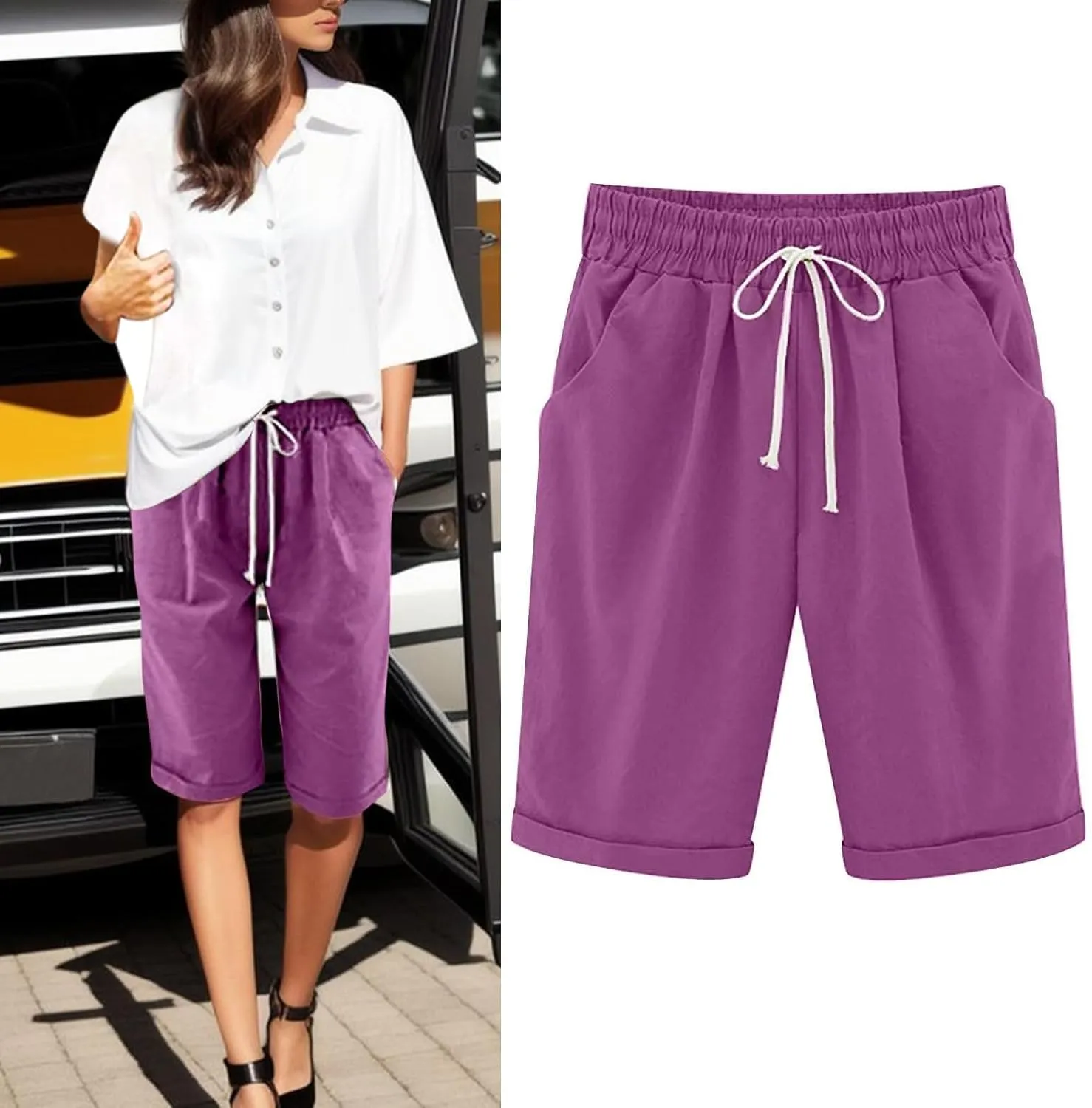 AMDBEL Bermuda Shorts for Women Trendy Women's Long Shorts with Pockets Cotton Sweat Shorts Jersey Knee Length Shorts Summer