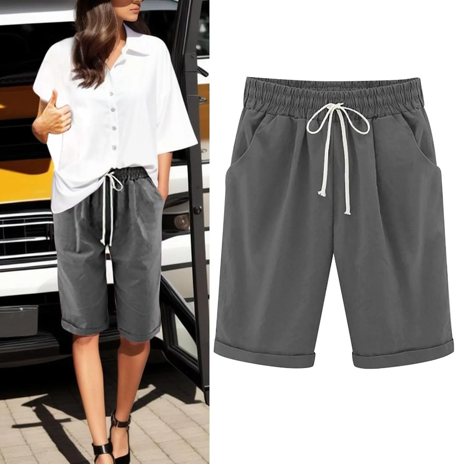 AMDBEL Bermuda Shorts for Women Trendy Women's Long Shorts with Pockets Cotton Sweat Shorts Jersey Knee Length Shorts Summer