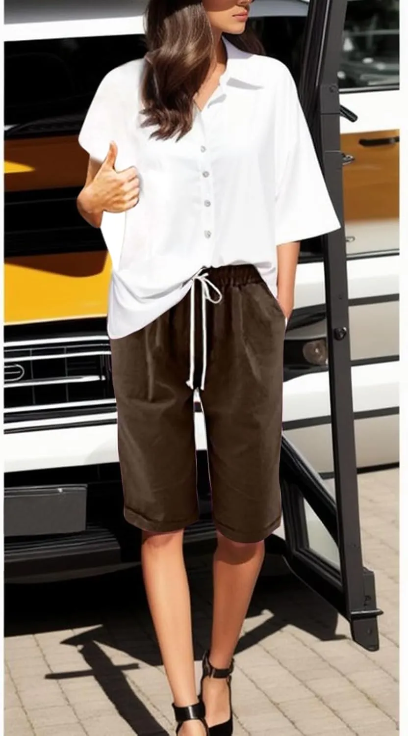 AMDBEL Bermuda Shorts for Women Trendy Women's Long Shorts with Pockets Cotton Sweat Shorts Jersey Knee Length Shorts Summer