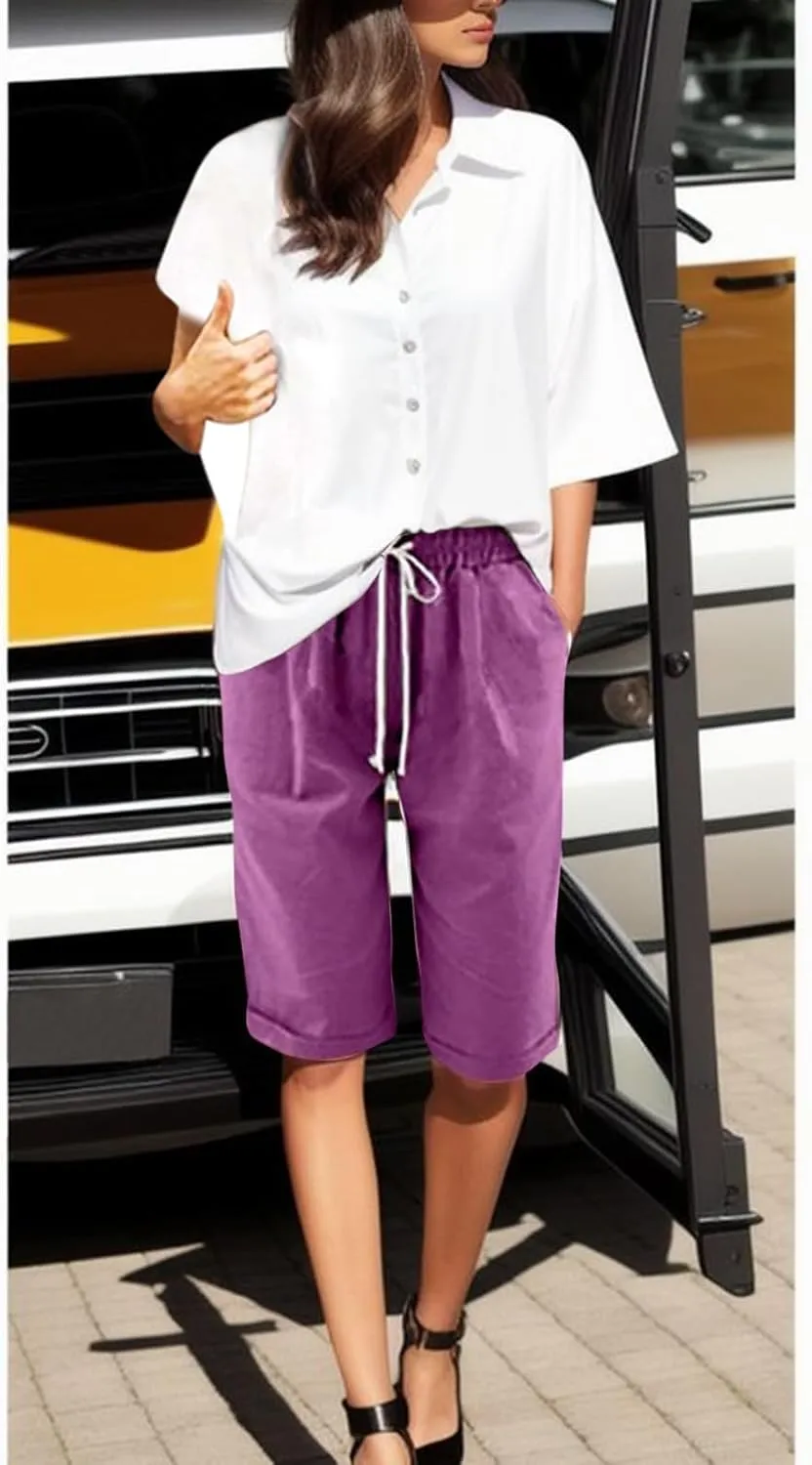 AMDBEL Bermuda Shorts for Women Trendy Women's Long Shorts with Pockets Cotton Sweat Shorts Jersey Knee Length Shorts Summer