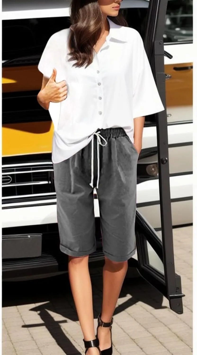 AMDBEL Bermuda Shorts for Women Trendy Women's Long Shorts with Pockets Cotton Sweat Shorts Jersey Knee Length Shorts Summer