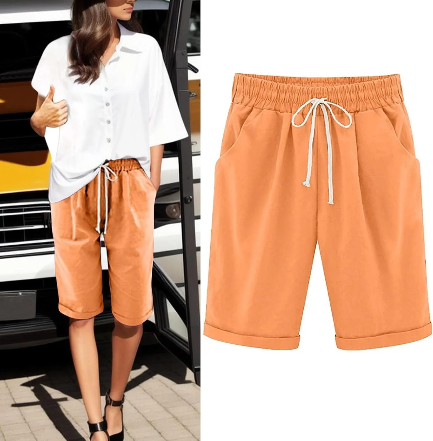 AMDBEL Bermuda Shorts for Women Trendy Women's Long Shorts with Pockets Cotton Sweat Shorts Jersey Knee Length Shorts Summer