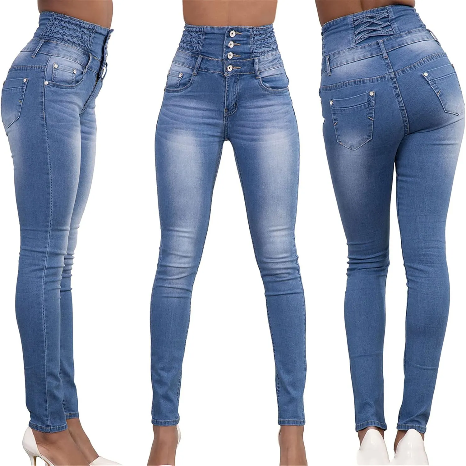 Andongnywell Womens Comfort High Waist High Rise Skinny Jeans high-Rise Slim-fit Plus Size Denim Pants