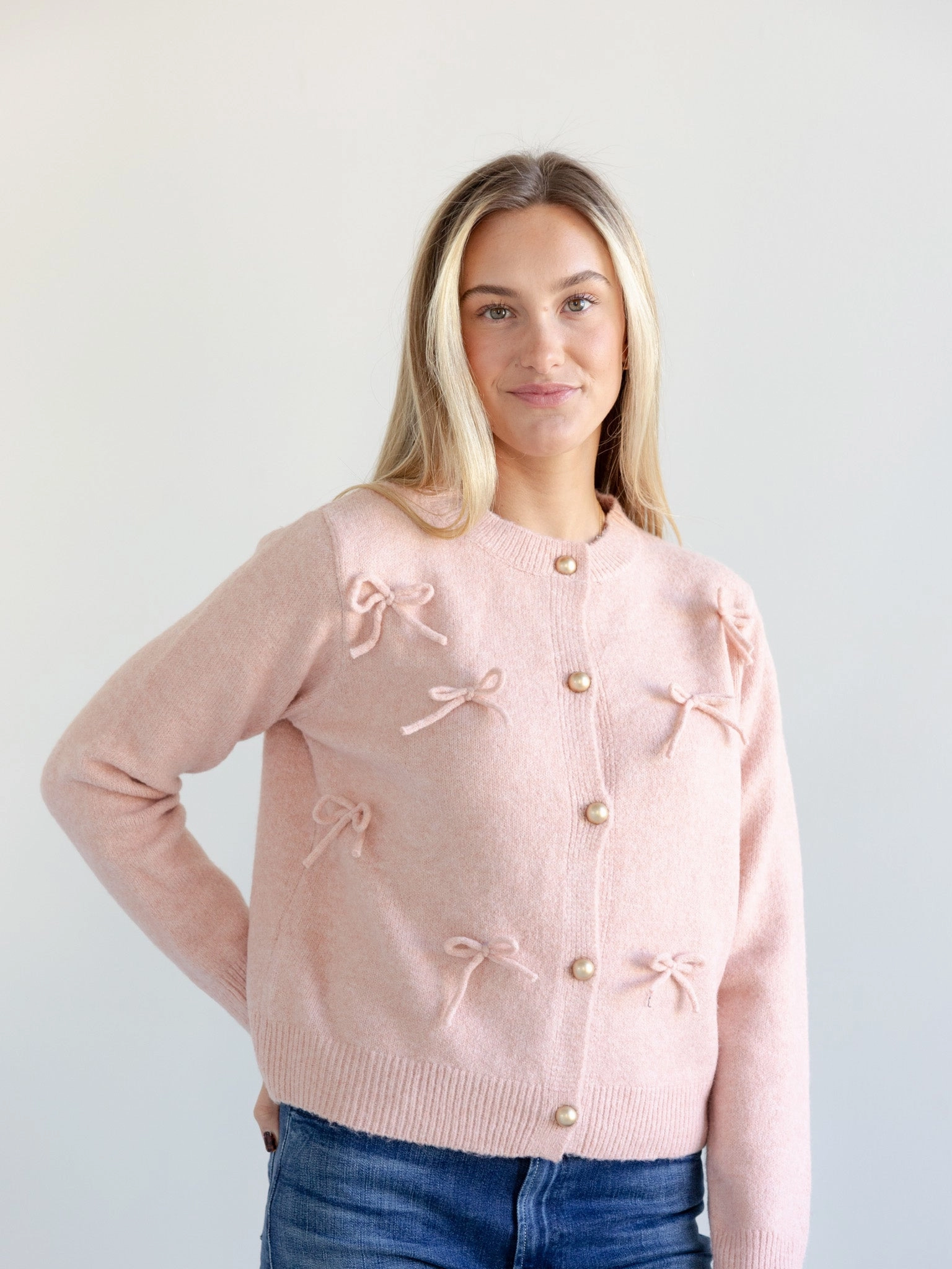 Layered Edging Annie Bow Cardigan Pink