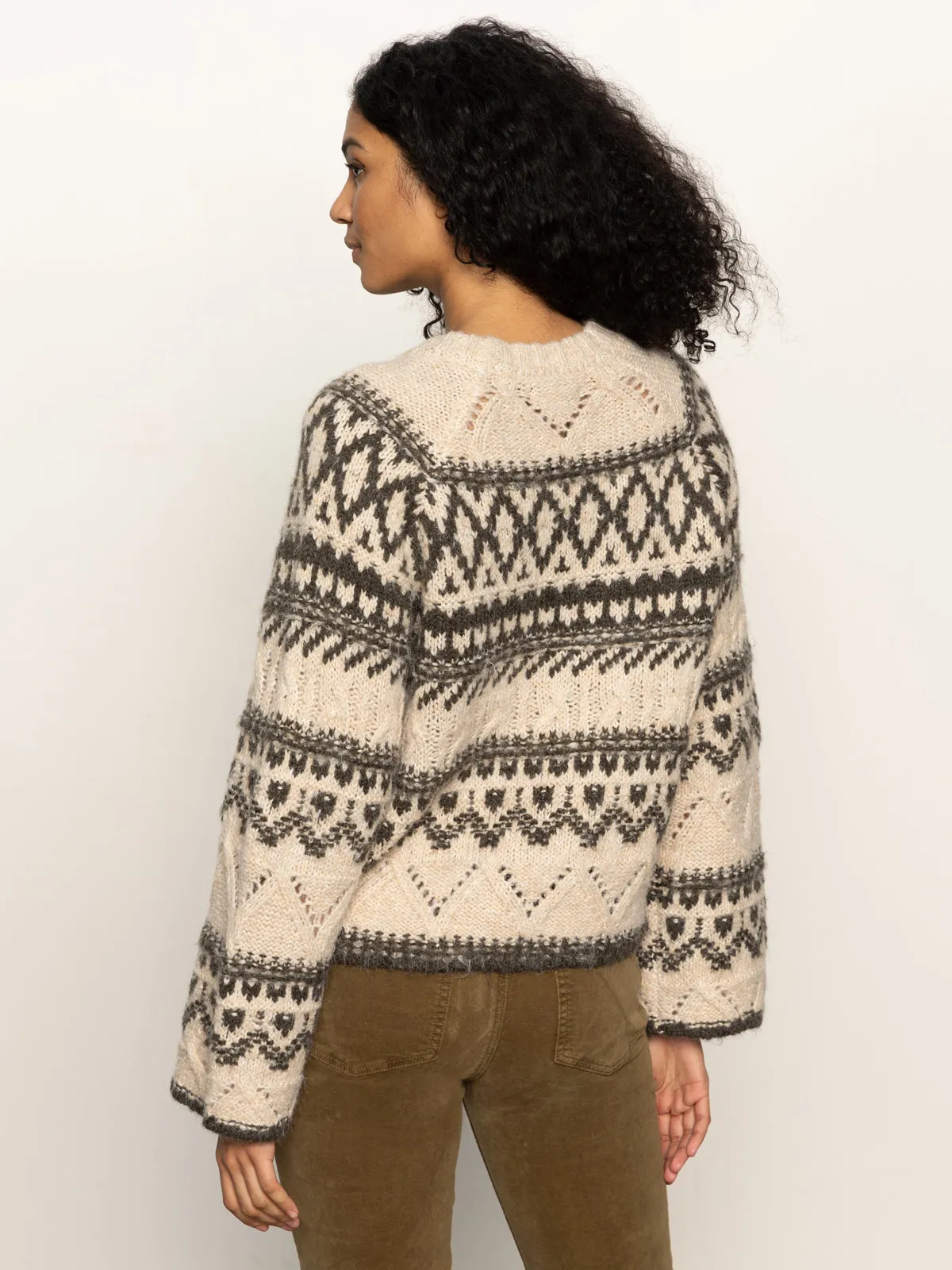 Relaxed Look Compact Jacquard Weave Fairisle Crew Neck Sweater Light Oat Multi