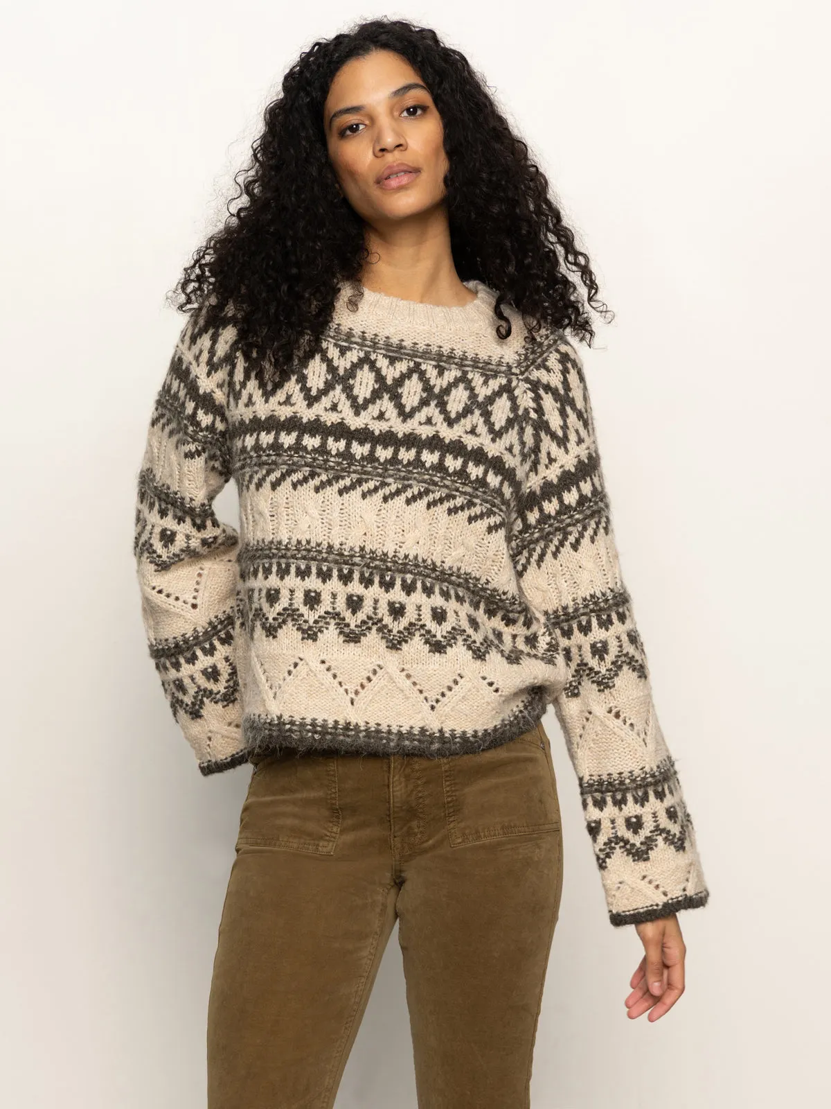 Fairisle Crew Neck Sweater Light Oat Multi AdjustableHemCuffs Stylish Jacket