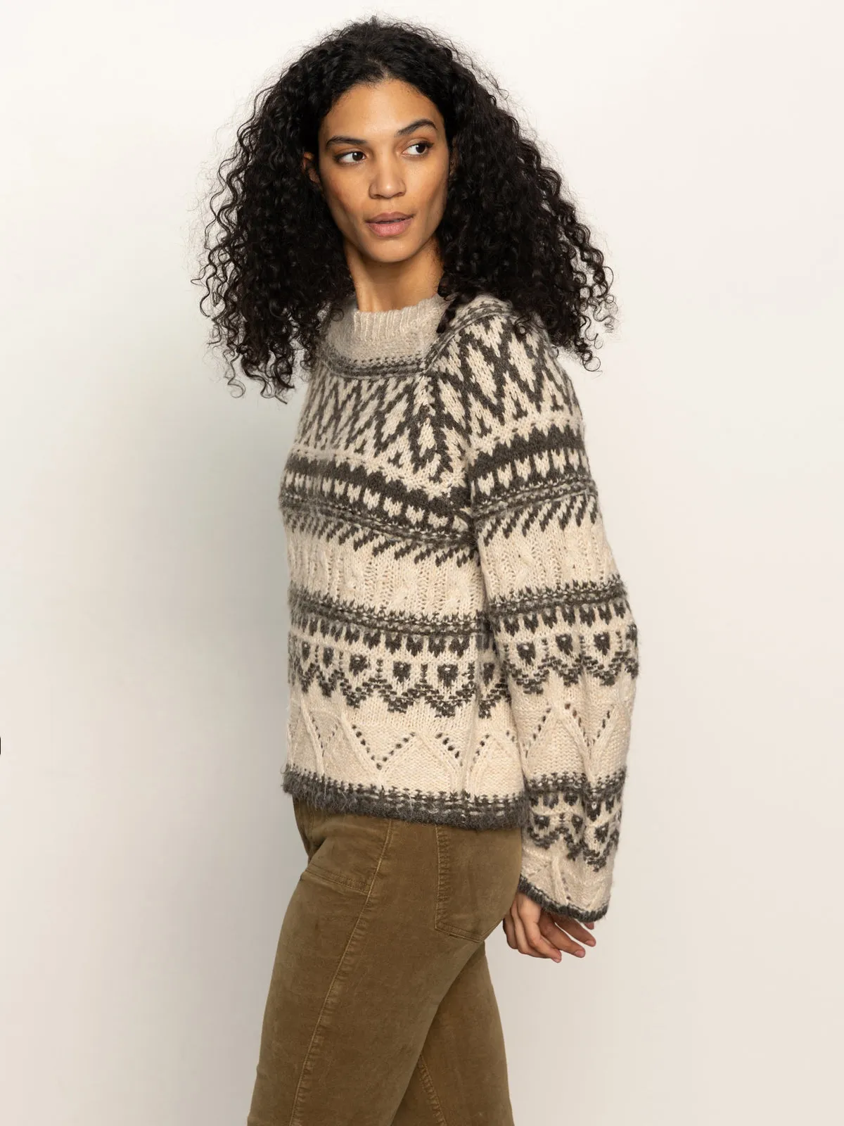 Fairisle Crew Neck Sweater Light Oat Multi Durable Chainstitch Friction Resistant Edges