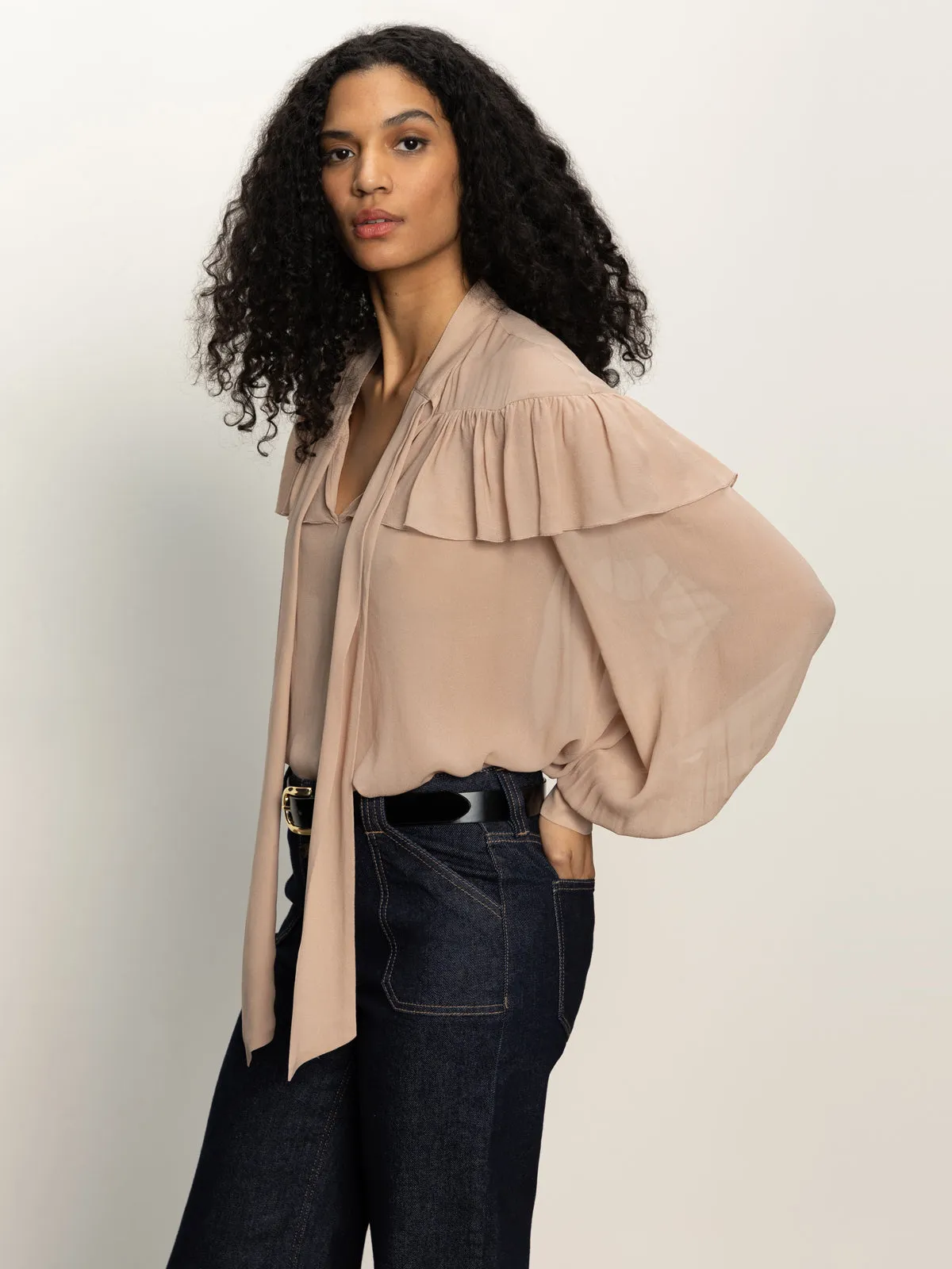 Comfy Performance Wear Adult Wear Fade Into You Ruffle Blouse Fawn