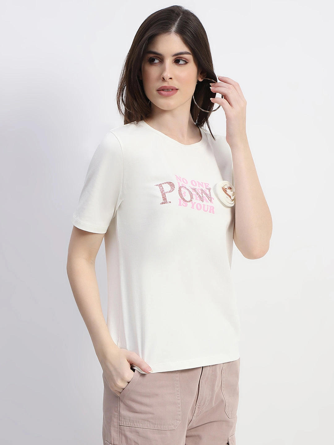 Madame Typography Print Off White Cotton T-Shirt Cozy Style