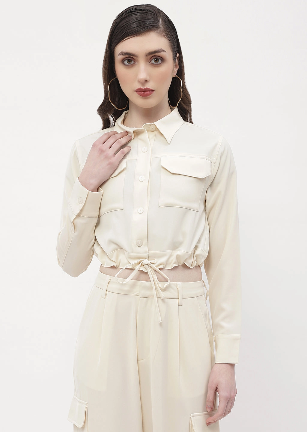Madame Drawstring Waist Beige Flap Pocket Crop Shirt Unisex wear Trendy Vibes