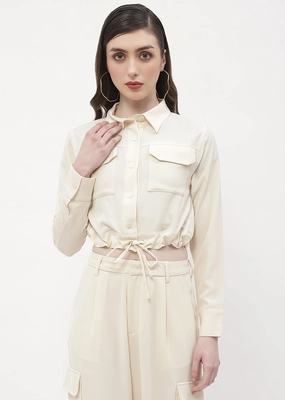 Madame Drawstring Waist Beige Flap Pocket Crop Shirt Unisex wear Trendy Vibes