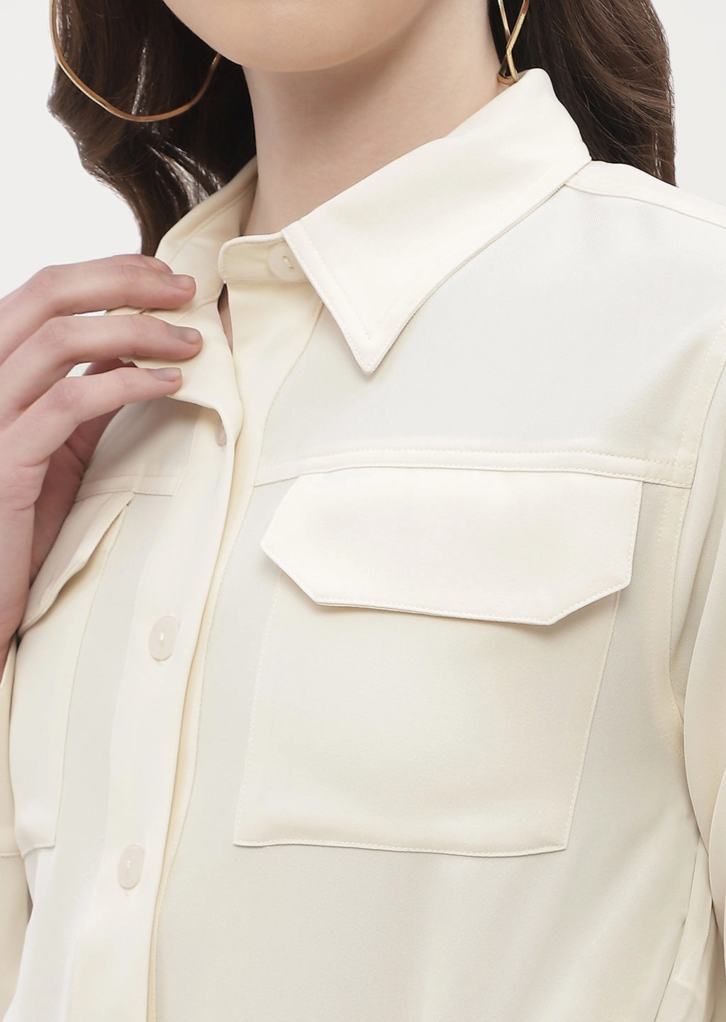 Fall Fashion Madame Drawstring Waist Beige Flap Pocket Crop Shirt